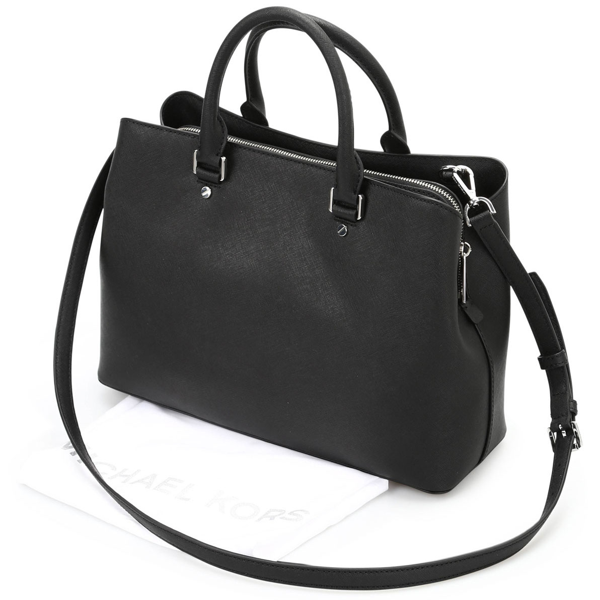 Michael Kors Savannah Large Saffiano Leather Satchel Crossbody Bag Black / Silver # 38T8SS7S3L