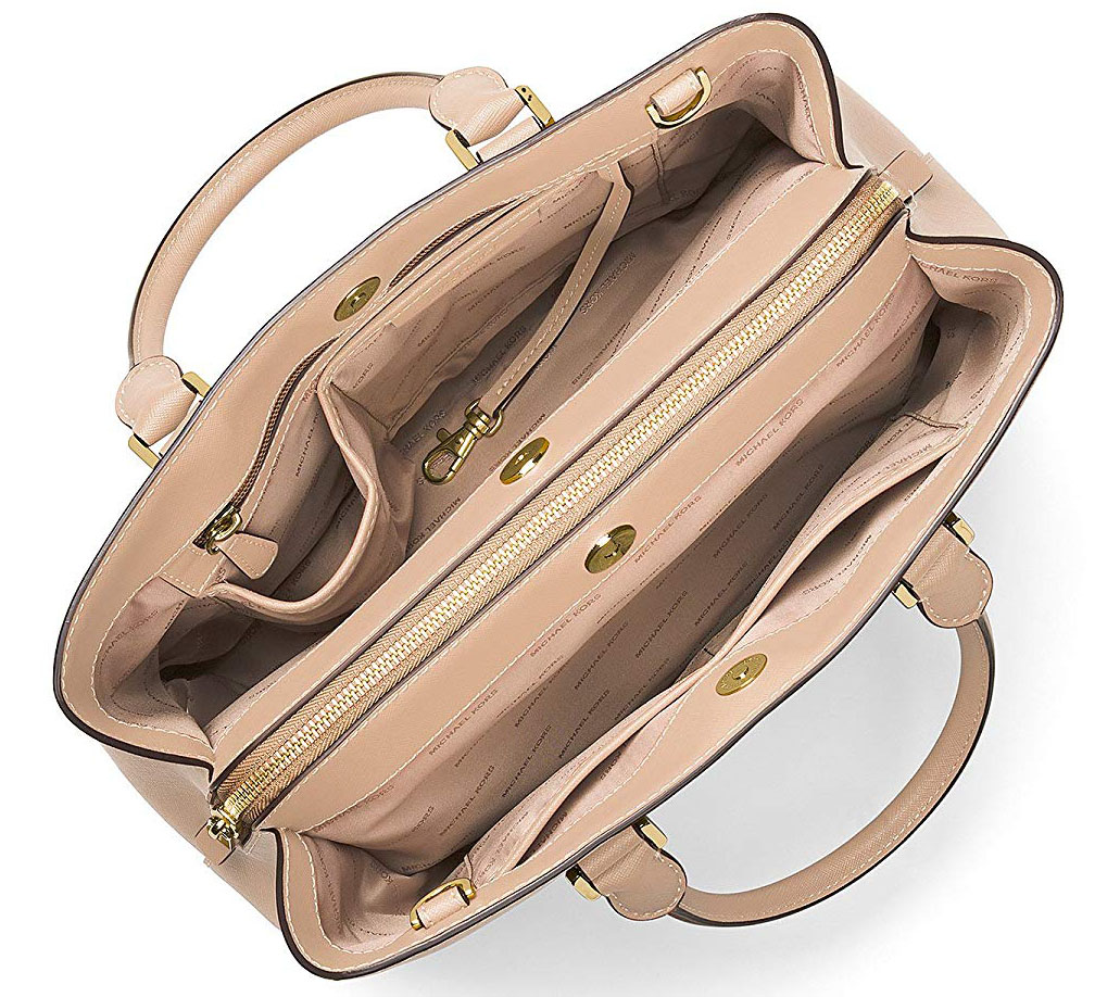 Michael Kors Savannah Large Saffiano Leather Satchel Crossbody Bag Oyster Beige Nude # 38T8GS7S3L