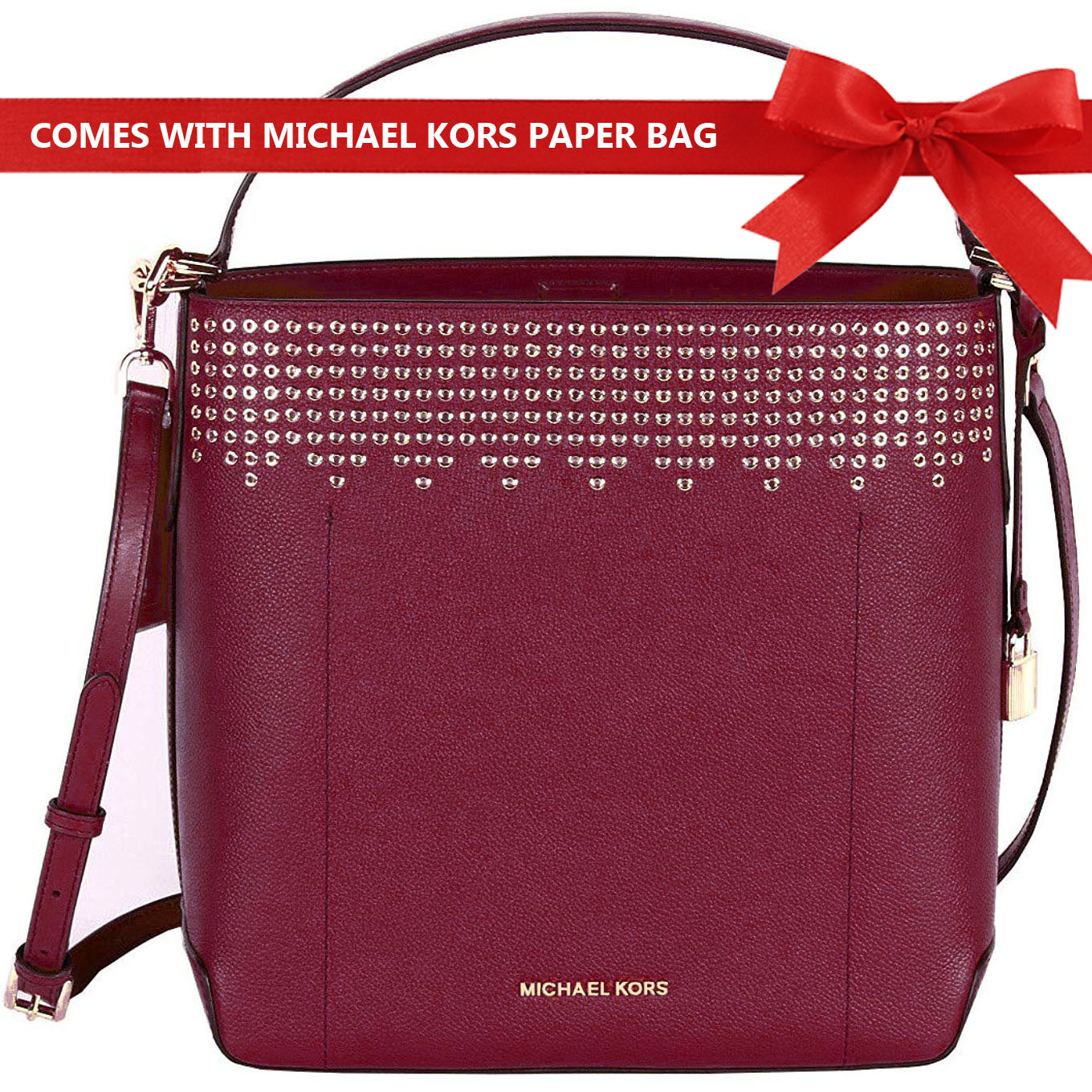 Michael Kors Shoulder Bag Crossbody Bag Hayes Large Bucket Studded Shoulder Bag Mulberry Red # 35F8GYEL3T