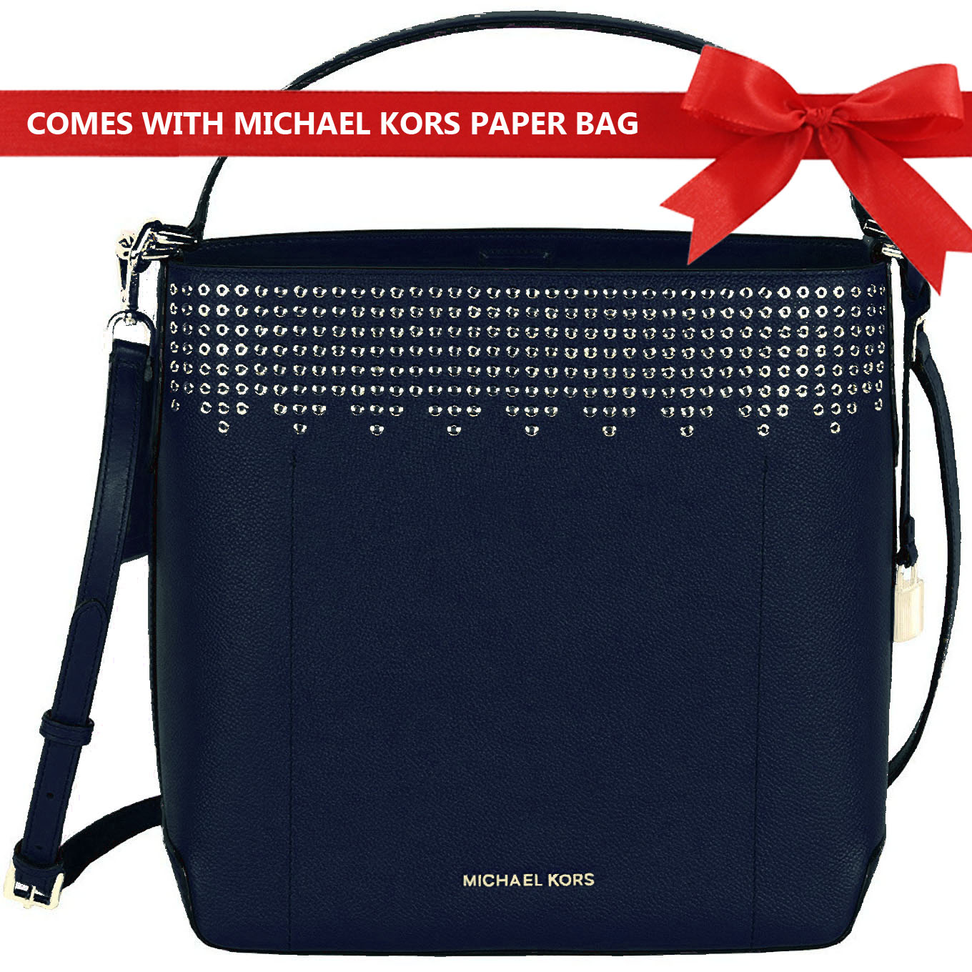 Michael Kors Shoulder Bag Crossbody Bag Hayes Large Bucket Studded Shoulder Bag Navy Dark Blue # 35F8GYEL3T