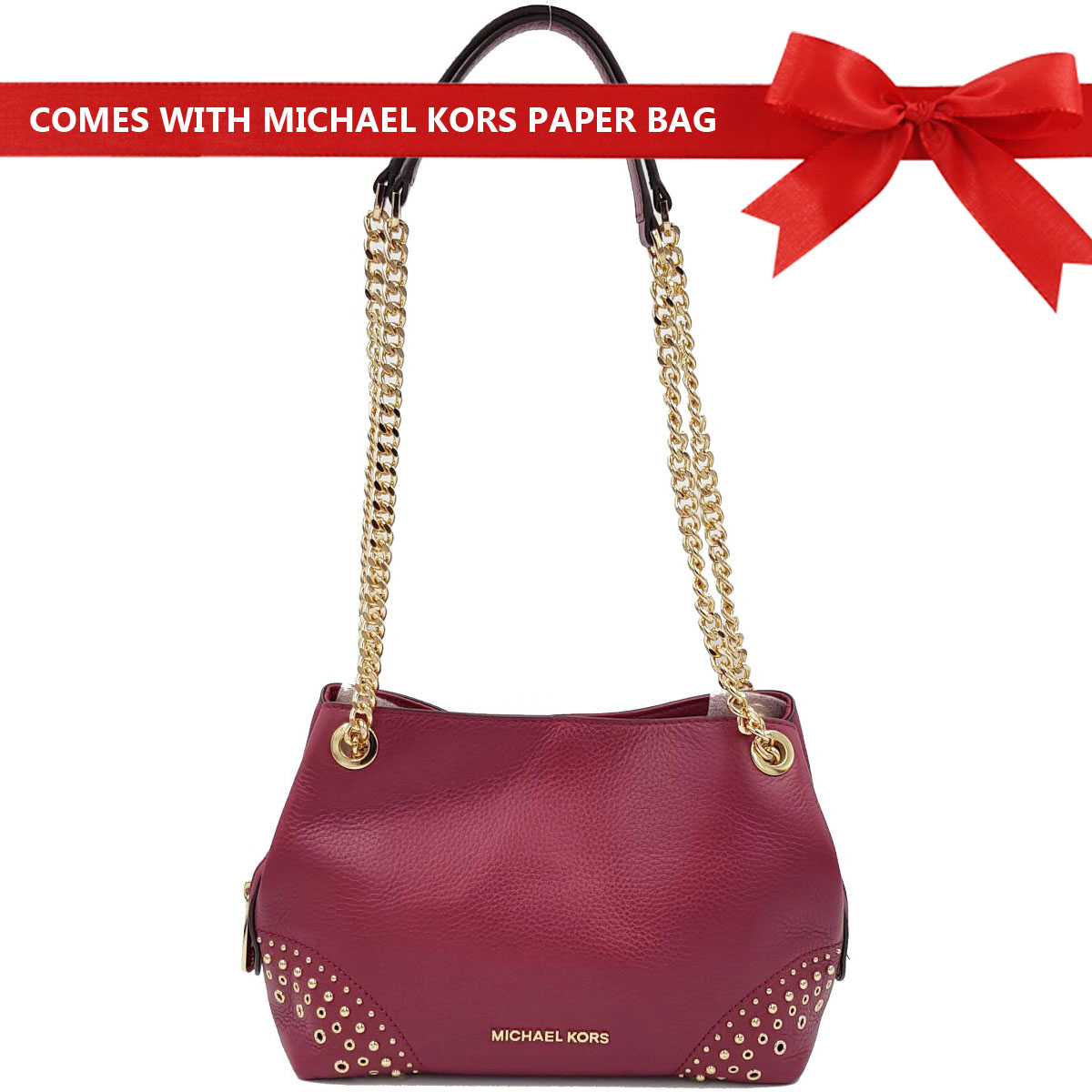 Michael Kors Shoulder Bag Jet Set Medium Chain Messenger Studded Leather Shoulder Bag Mulberry Red # 35F8GTTM6L