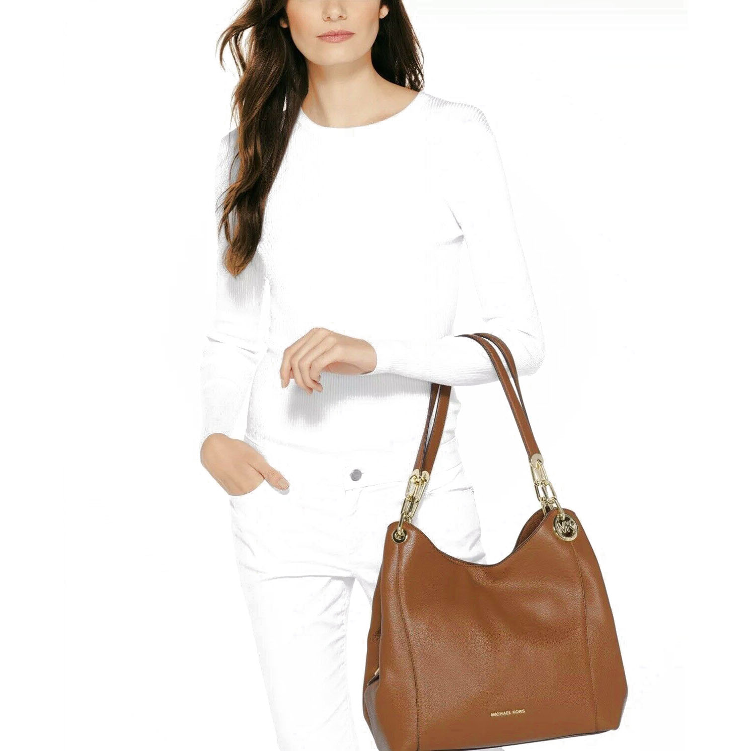 Michael Kors Shoulder Bag With Gift Bag Fulton Large Charm Leather Shoulder Tote Acorn Brown # 30S8GFTL3L