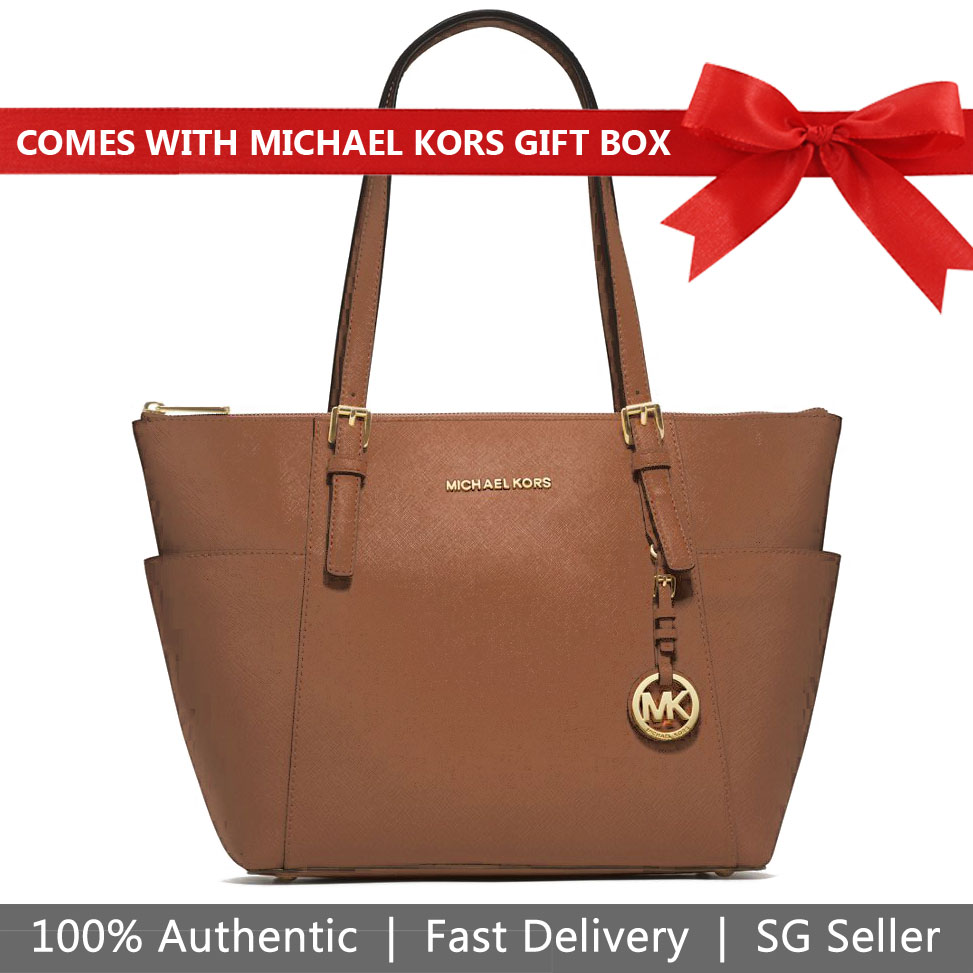Michael Kors Tote In Gift Box Jet Set Top Zip Saffiano Leather Large Tote Shoulder Bag Luggage Brown # 30F2GTTT8L