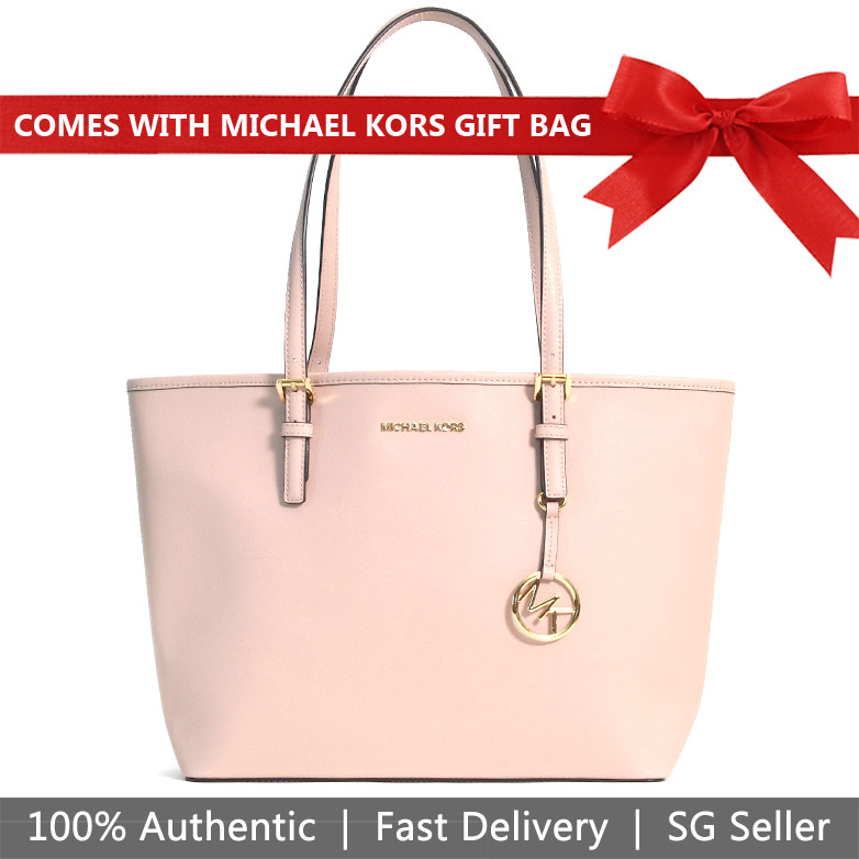 Michael Kors Tote With Gift Bag Jet Set Travel Medium Leather Carryall Tote Shoulder Bag Ballet Beige Nude Pink # 35H7GTVT2L