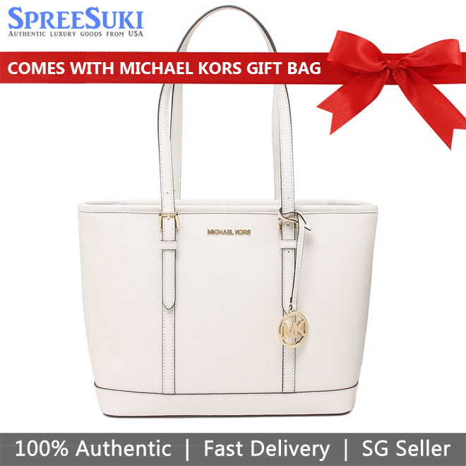 Michael Kors Tote With Gift Bag Jet Set Travel Small Zip Top Tote Shoulder Bag Optic White # 35S0GTVT1L