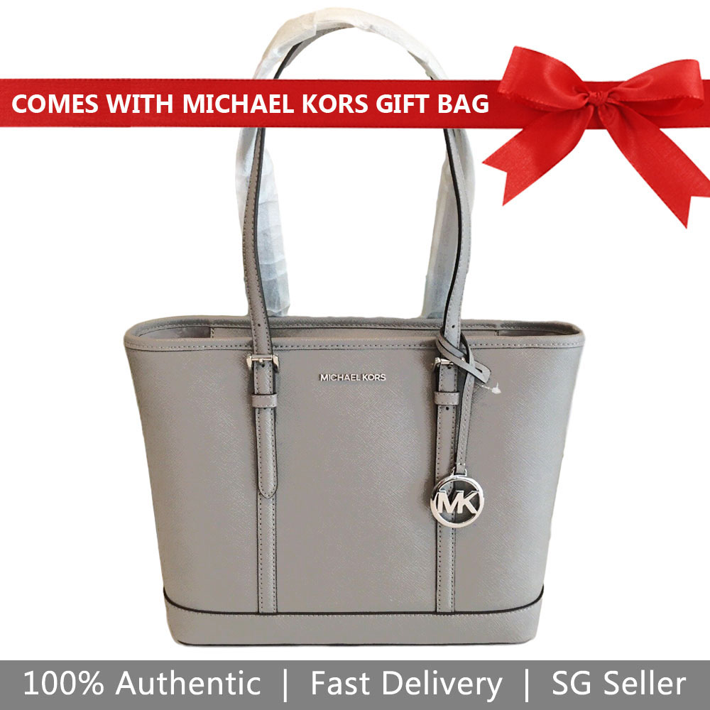 Michael Kors Tote With Gift Bag Jet Set Travel Small Zip Top Tote Shoulder Bag Pearl Grey # 35S0GTVT1L