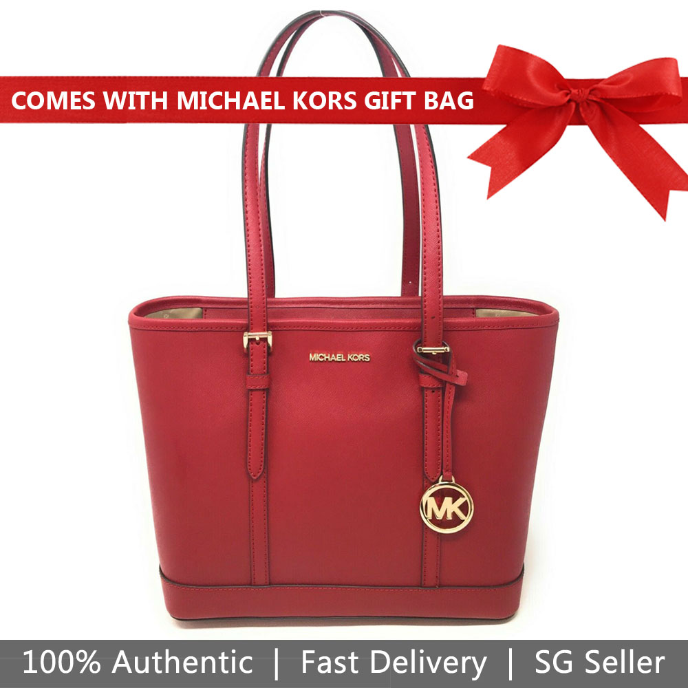 Michael Kors Tote With Gift Bag Jet Set Travel Small Zip Top Tote Shoulder Bag Scarlet Red # 35S0GTVT1L