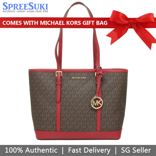 Michael Kors Tote With Gift Bag Jet Set Travel Small Zip Top Tote Shoulder Bag Signature Brown Scarlet Red # 35S0GTVT1V