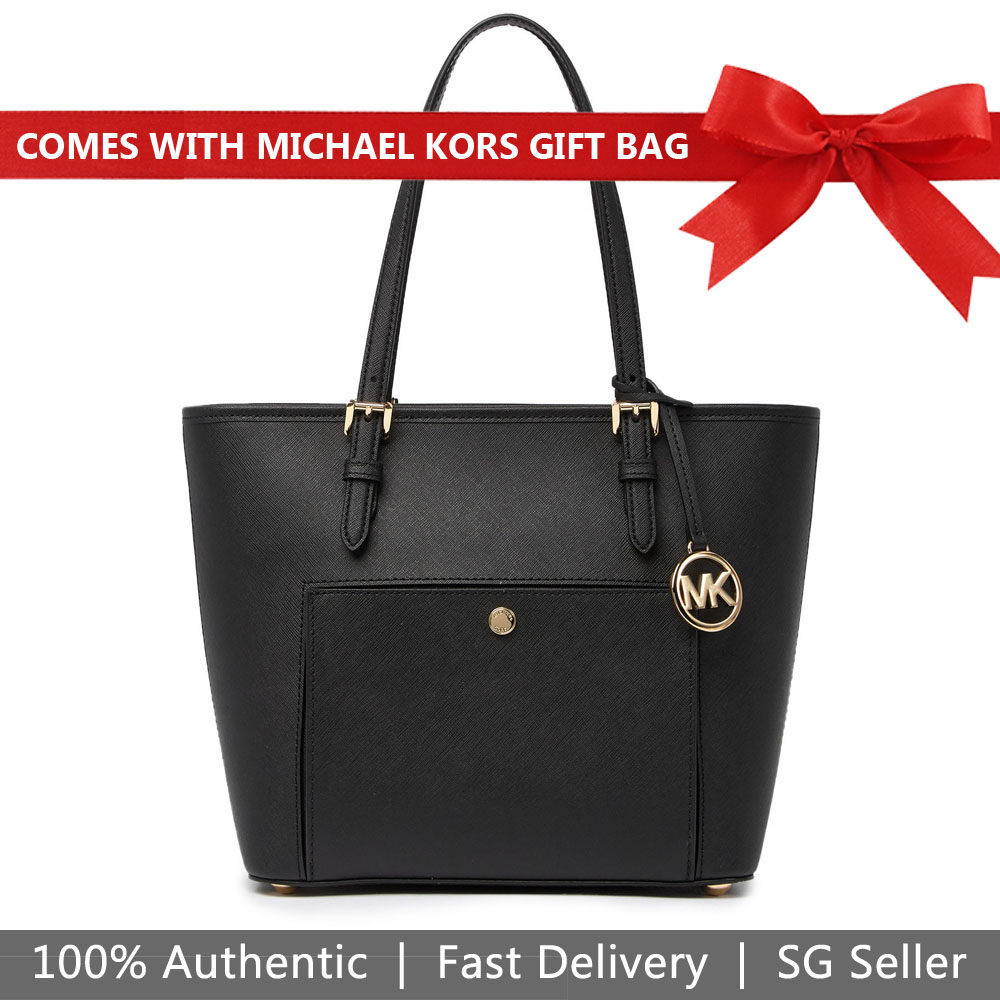Michael Kors Tote With Gift Bag Shoulder Bag Jet Set Snap Pocket Leather Tote Black # 38H8GTTT2L