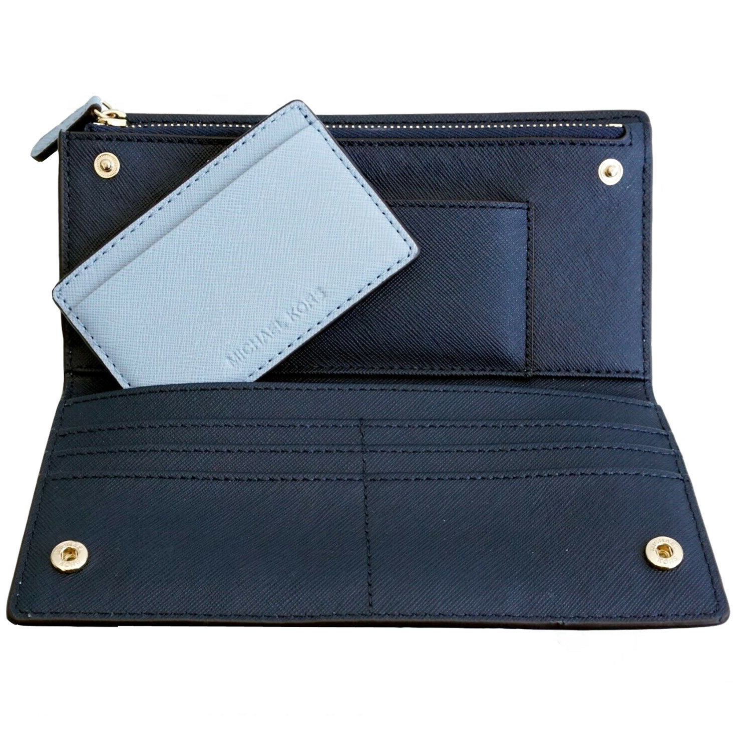 Michael Kors Wallet In Gift Box Jet Set Travel Large Card Case Carryall Wallet Pale Blue / Navy Dark Blue # 35H8GTVD3T