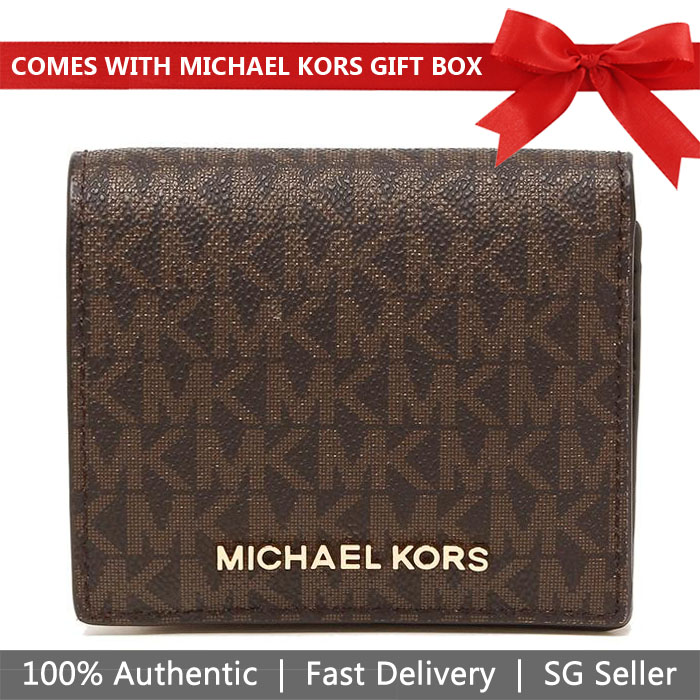 Michael Kors Wallet In Gift Box Small Wallet Jet Set Travel Md Carryall Card Case Brown Signature / Gold # 35F8GTVD2B
