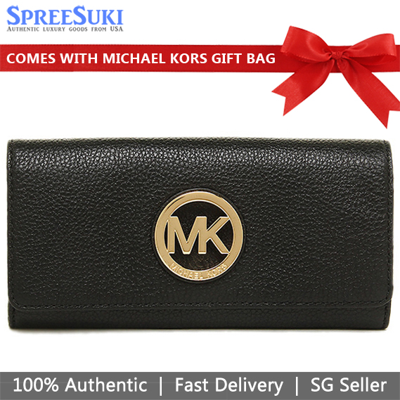 Michael Kors Wallet With Gift Bag Long Wallet Fulton Flap Carryall Leather Wallet Black # 35F0GFTE1L