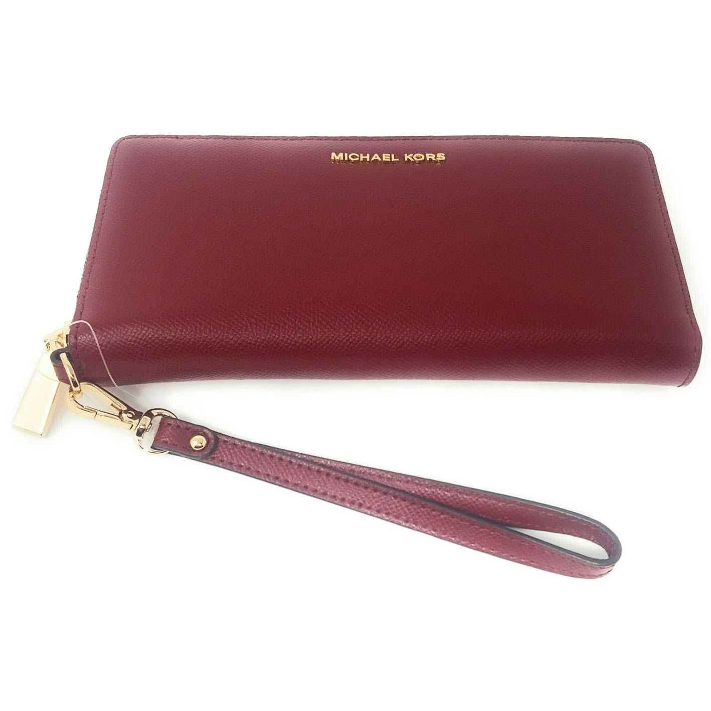 Michael Kors Wallet Wristlet With Gift Bag Jet Set Travel Continental Leather Wallet Wristlet Maroon Dark Red # 32S5GTVE9L