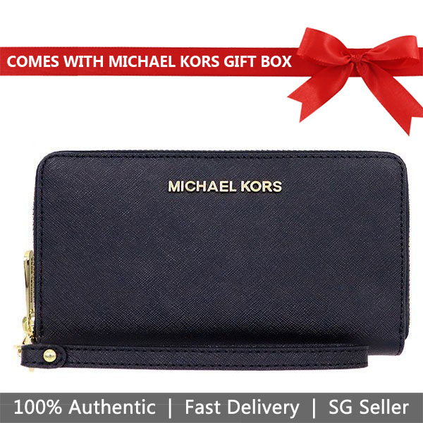 Michael Kors Wristlet In Gift Box Jet Set Travel Large Flat Multifunctional Leather Wristlet Phone Case Black # 35F8GTVW7L