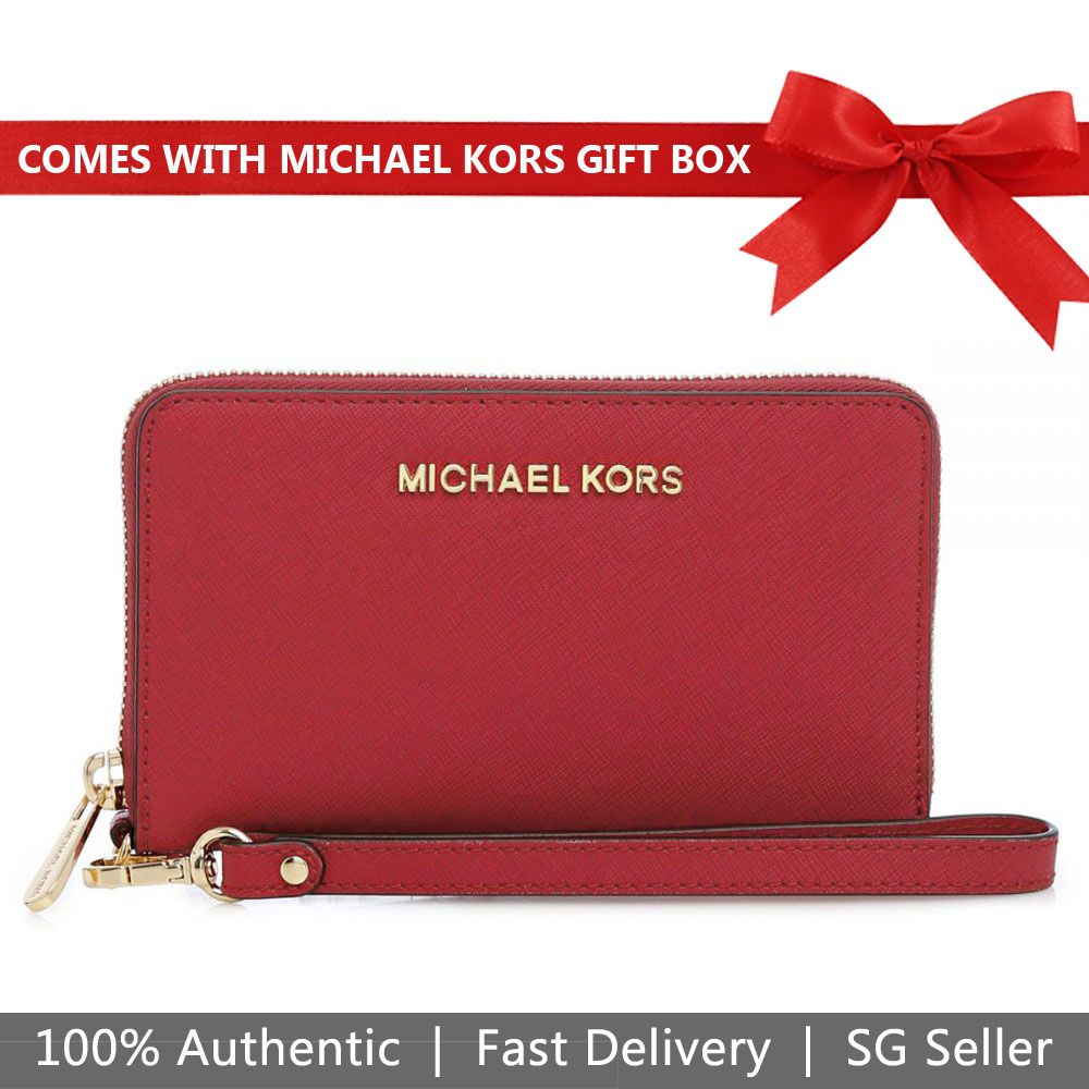 Michael Kors Jet Set Travel Large Flat Multifunctional Leather Wristlet Phone Case Wallet Scarlet Red # 35F8GTVW7L