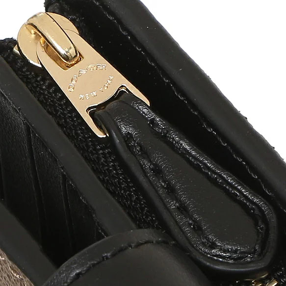 Coach Medium Wallet Medium Corner Zip Wallet In Signature Canvas Khaki Black # C0082