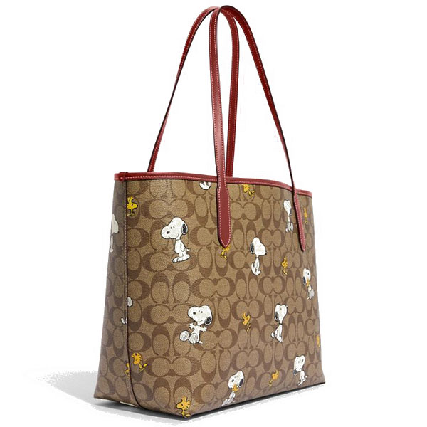 Coach Coach X Peanuts City Tote In Signature Canvas With Snoopy Woodstock Print Khaki Redwood # CF166
