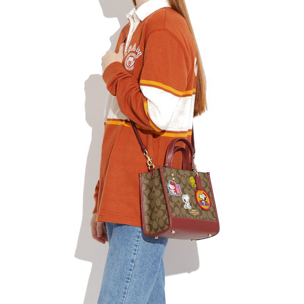 Coach Coach X Peanuts Dempsey Tote 22 In Signature Canvas With Patches Khaki Redwood # CE851