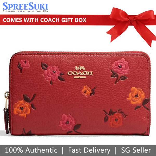 Coach Medium Wallet Medium Id Zip Wallet With Peony Print Floral Red Apple # CF309