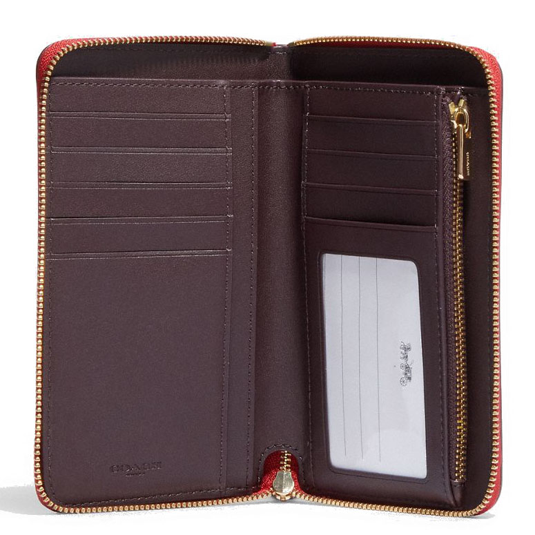 Coach Medium Wallet Medium Id Zip Wallet With Peony Print Floral Red Apple # CF309