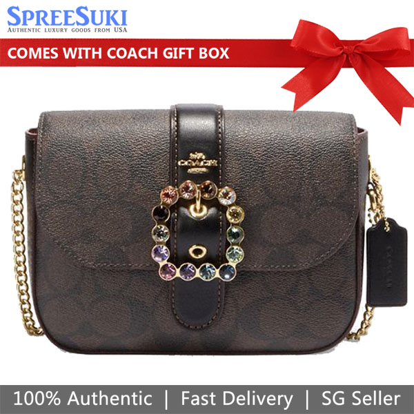 Coach Signature Gemma Crossbody With Jeweled Buckle In Gold/Brown Black Multi Brown Black # CE623