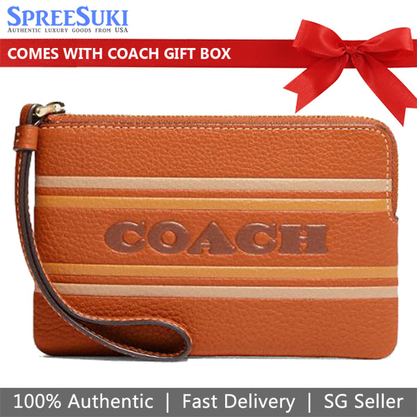 Coach Small Wristlet Leather Stripe Corner Zip Wristlet Canyon Orange # CH311