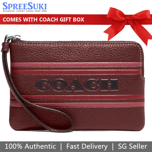 Coach Small Wristlet Leather Stripe Corner Zip Wristlet Wine Dark Red # CH311