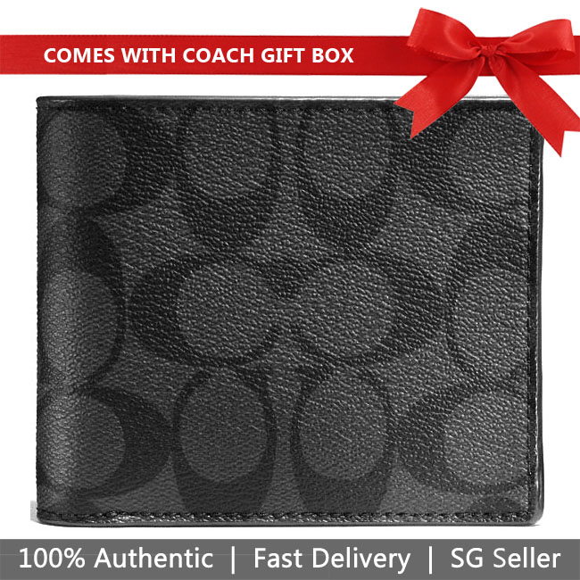 Coach Men Compact Id Wallet In Signature Charcoal / Black # 74993
