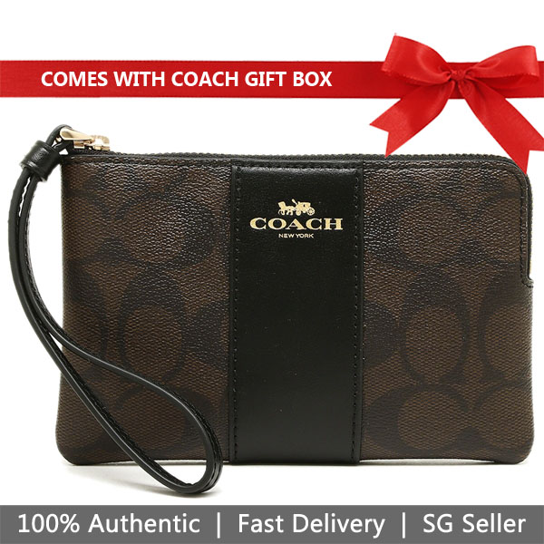 Coach Small Wristlet In Signature Coated Canvas With Leather Stripe Brown / Black # 58035