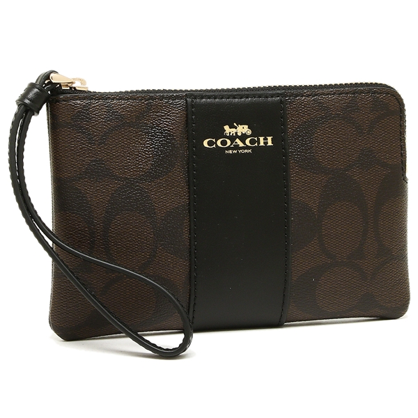 Coach Small Wristlet In Signature Coated Canvas With Leather Stripe Brown / Black # 58035
